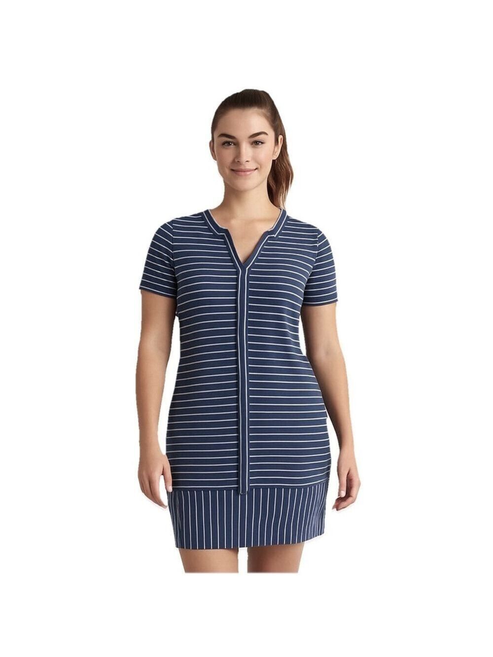 Athleta Striped Split Neck T-Shirt Dress Large Modal Stretch Sporty Casual Beach